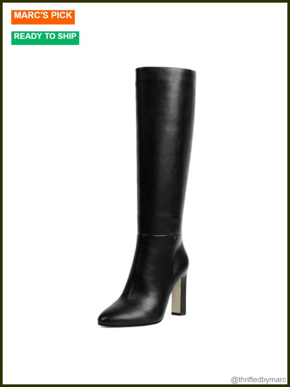 Women Knee High Boots Almond Toe Chunky Block High Heel Faux Leather